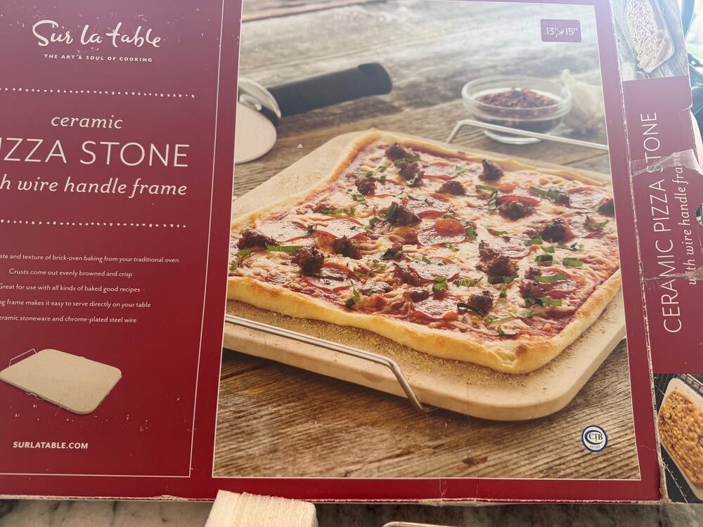 Sur La Table 13x15 Ceramic Pizza Stone with Wire Handle Frame Baking Stone EUC